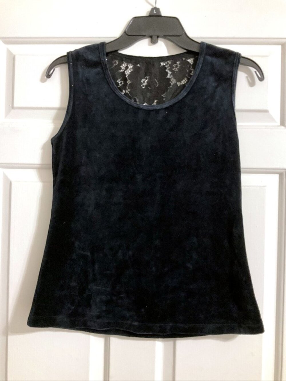 Navy Velvet Sleeveless Tank Top Lace Back Panel Scoop Neck Fits Like S NWOT